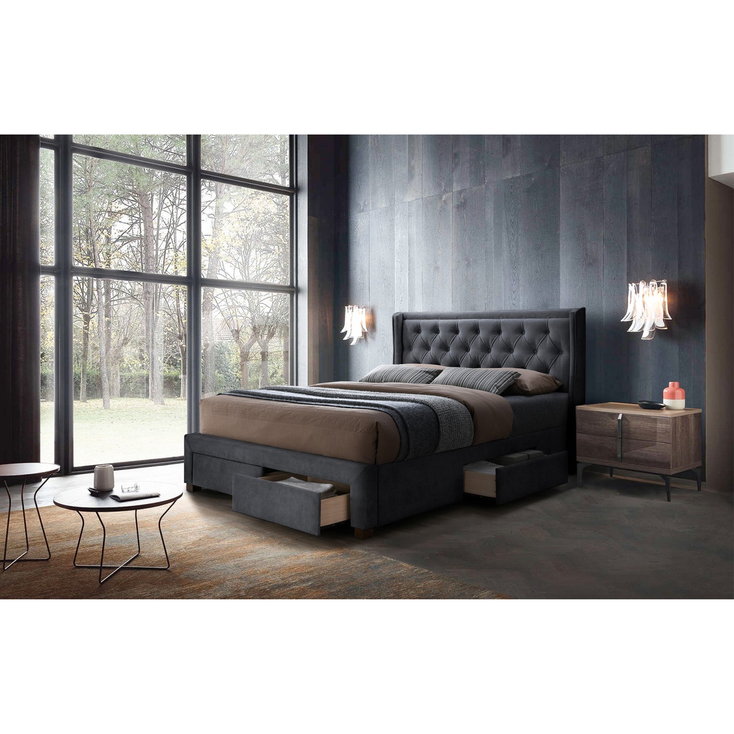 Softouch Queen Size Bed Frame Timber Mattress Base With Storage Drawers - Grey