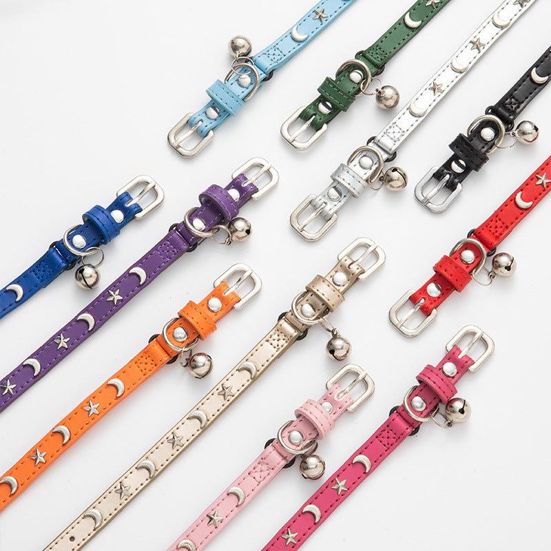 3 pcs Green Stylish PU Leather Pet Collar - Anti-Loss, Puppy Bell, Star & Moon Design Width 1.2cm Total Length 35cm