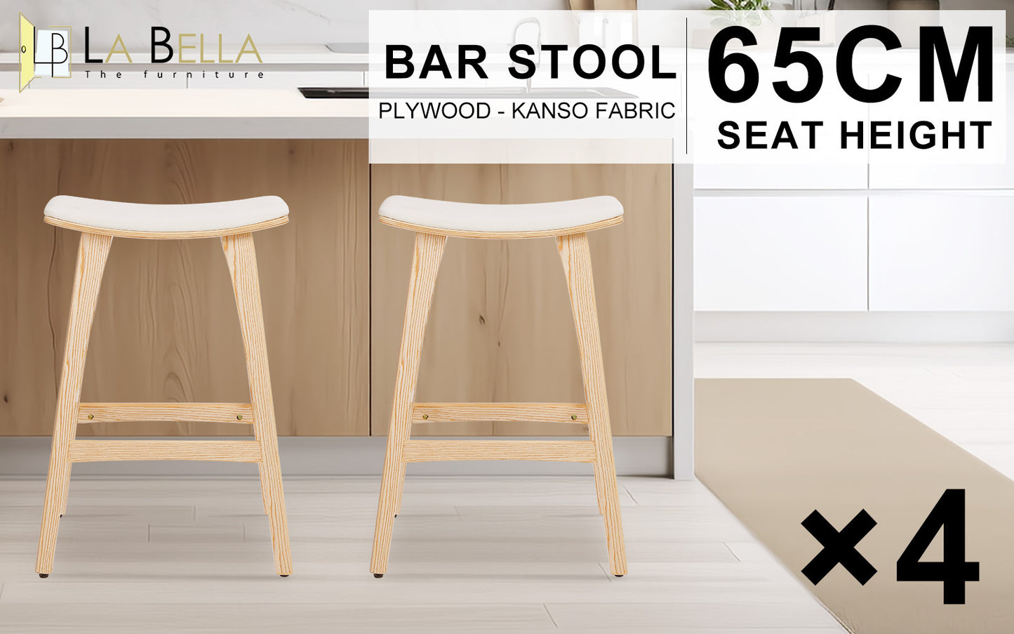 4X Wooden Bar Stool Padded Fabric Dining Chair KANSO 65cm BEIGE