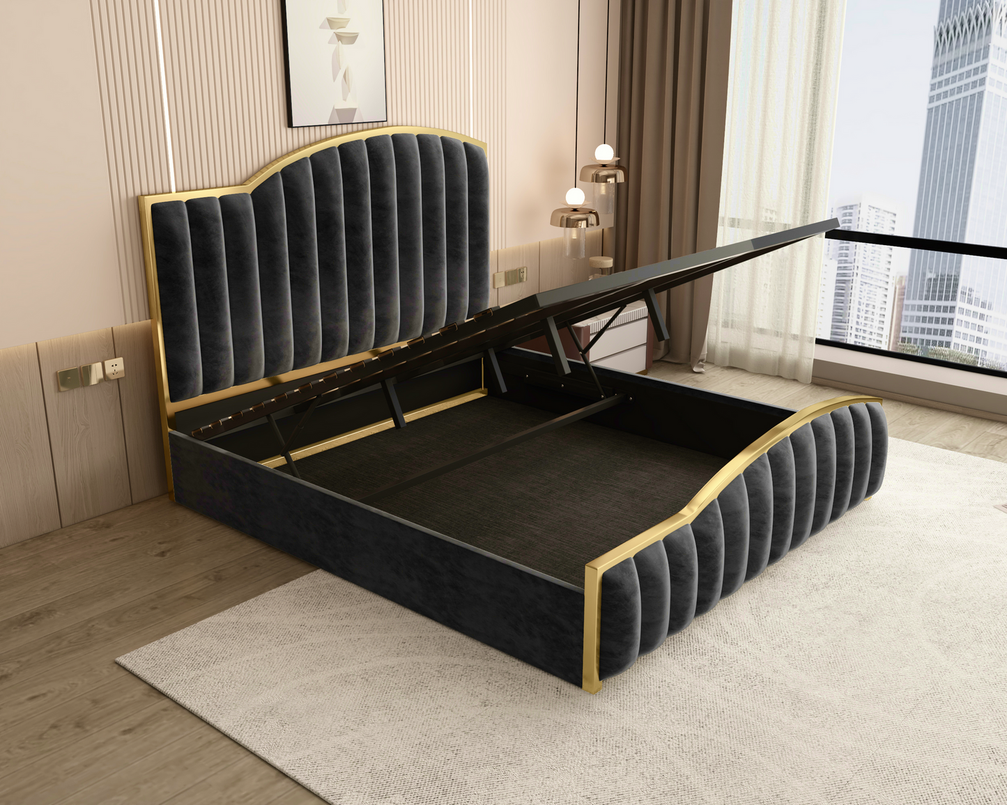 King Size Elegant Luxury Bedframe with Gas Lift Storage Charcoal Velvet Fabric Golden Trim