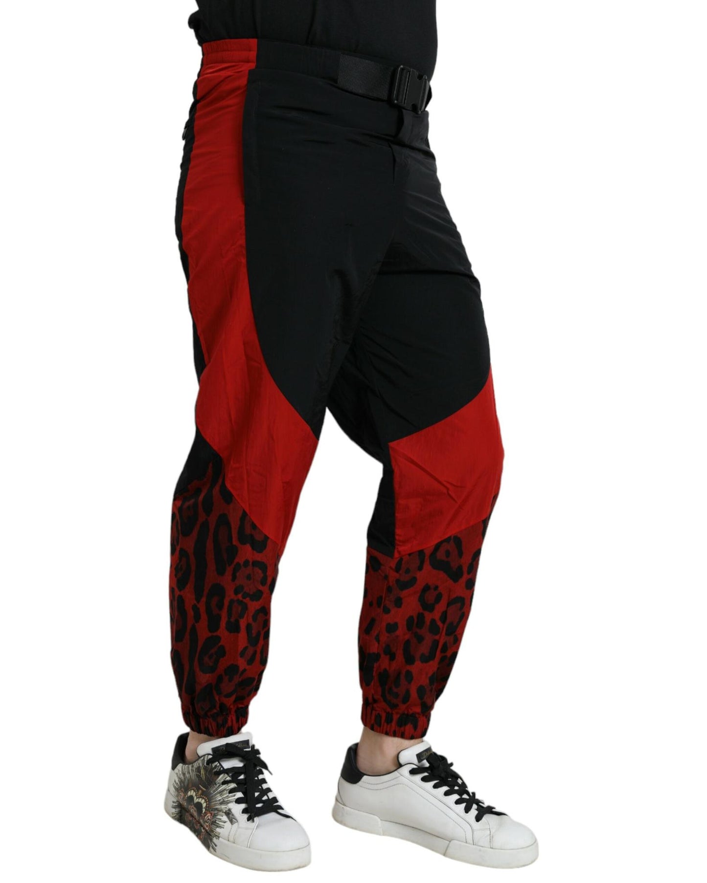 Dolce & Gabbana Men's Black Red Leopard Print Nylon Jogger Pants - 48 IT