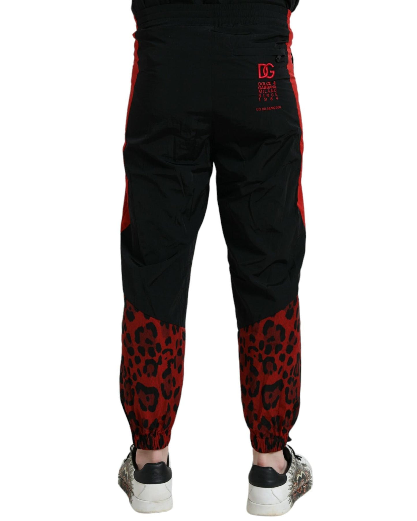 Dolce & Gabbana Men's Black Red Leopard Print Nylon Jogger Pants - 50 IT