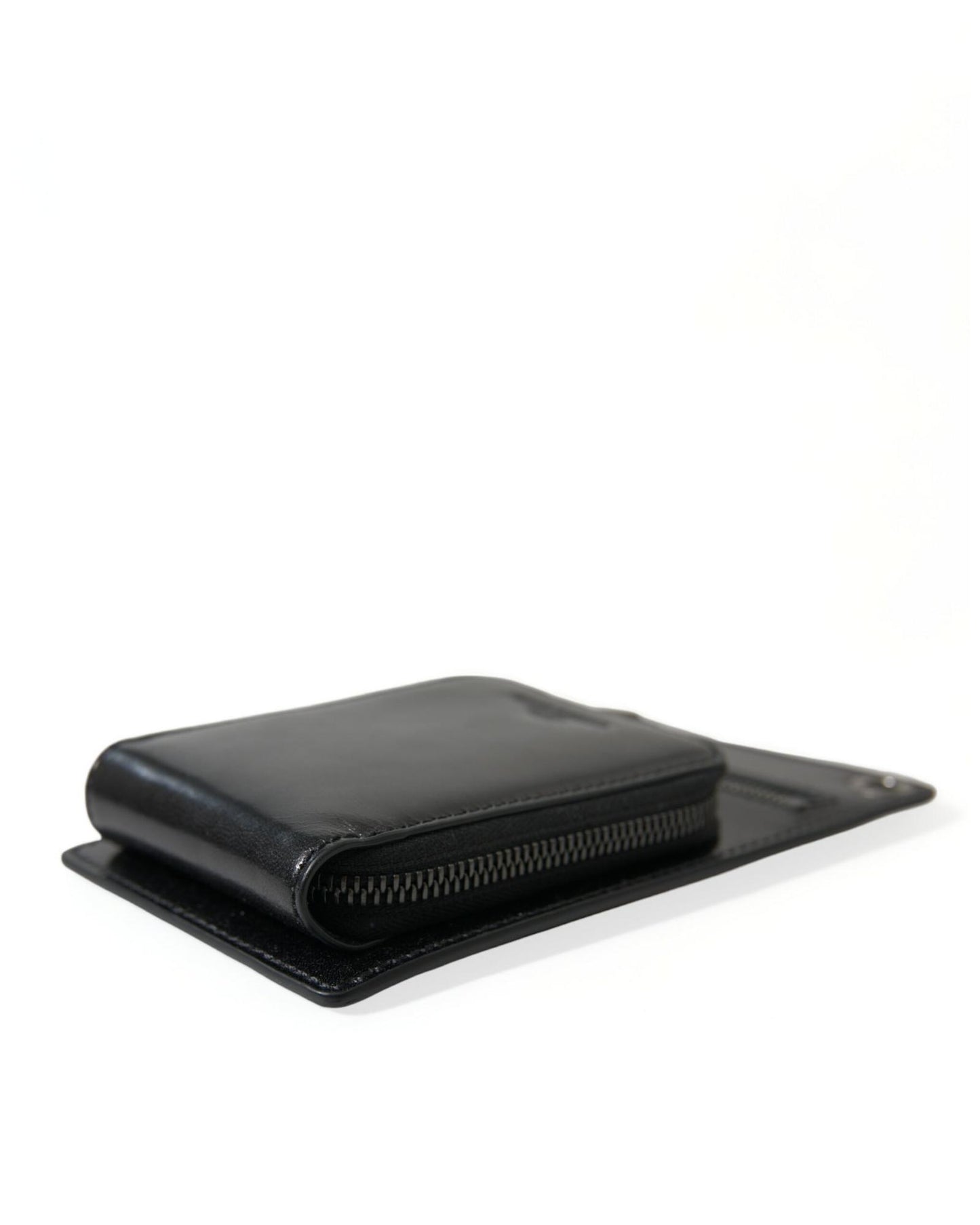 Dolce & Gabbana Men's Black Calf Leather Zip Logo Shoulder Neck Strap Wallet - One Size