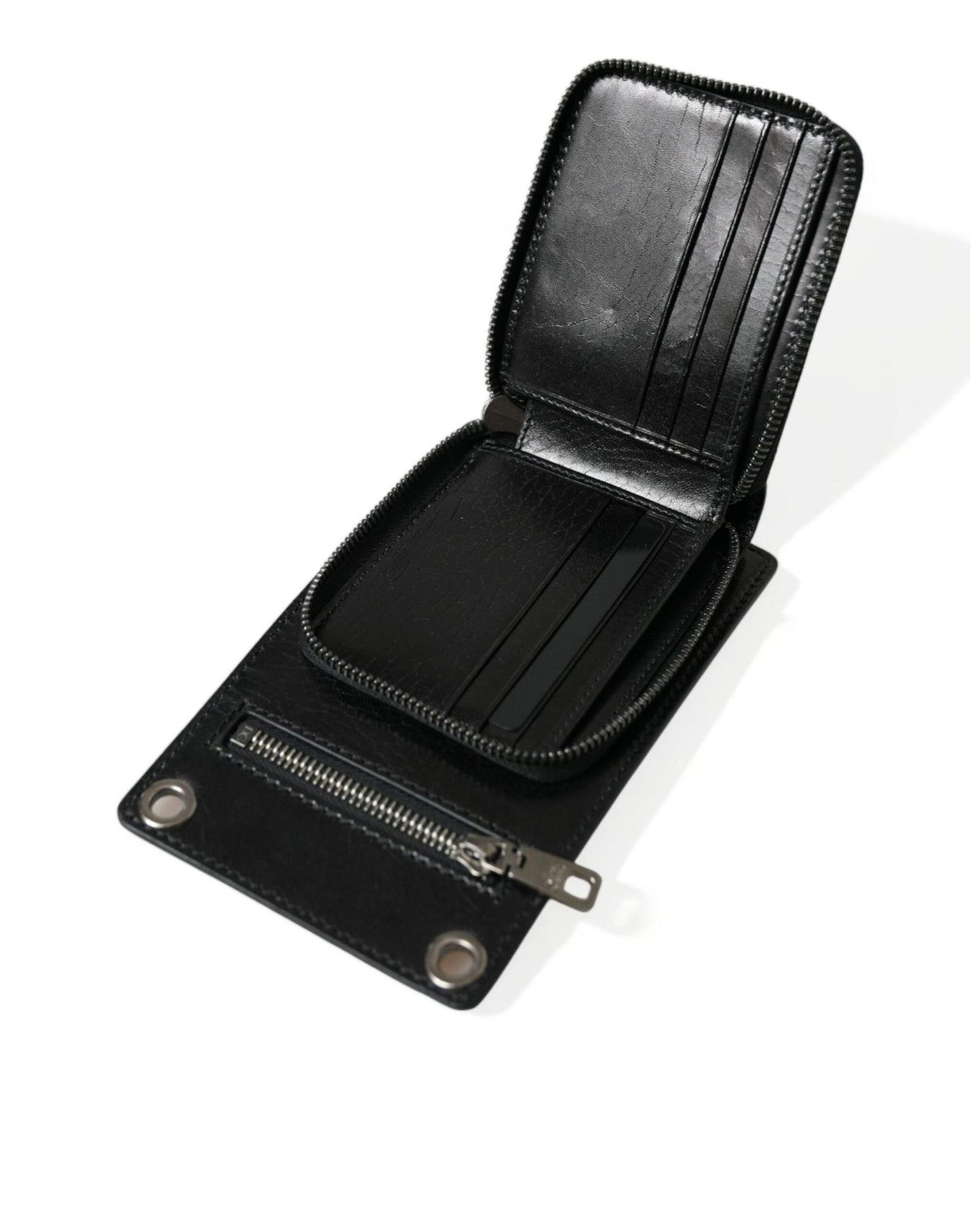 Dolce & Gabbana Men's Black Calf Leather Zip Logo Shoulder Neck Strap Wallet - One Size