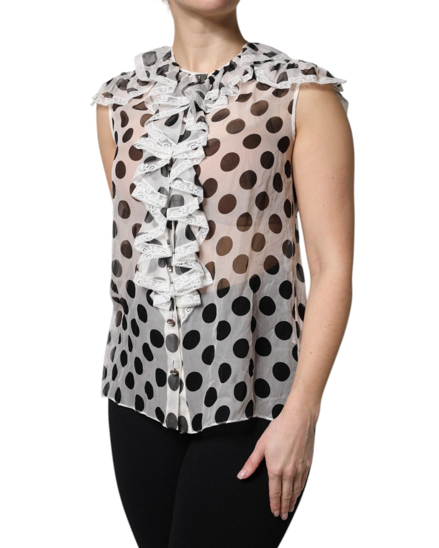 Dolce & Gabbana Women's White Black Polka Dot Cotton Sleeveless Top - 40 IT