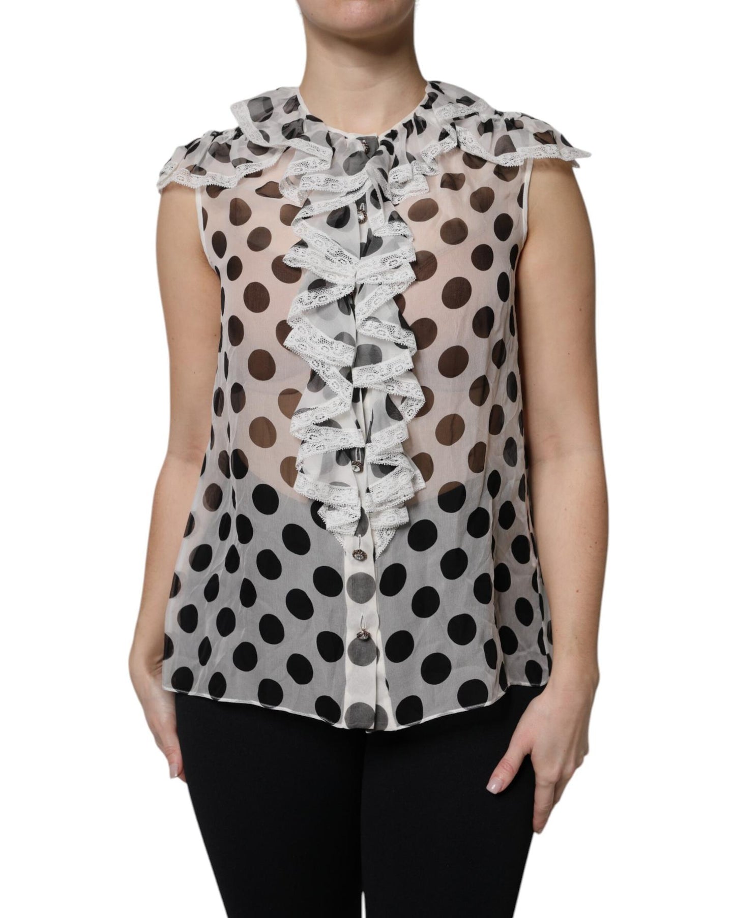 Dolce & Gabbana Women's White Black Polka Dot Cotton Sleeveless Top - 42 IT